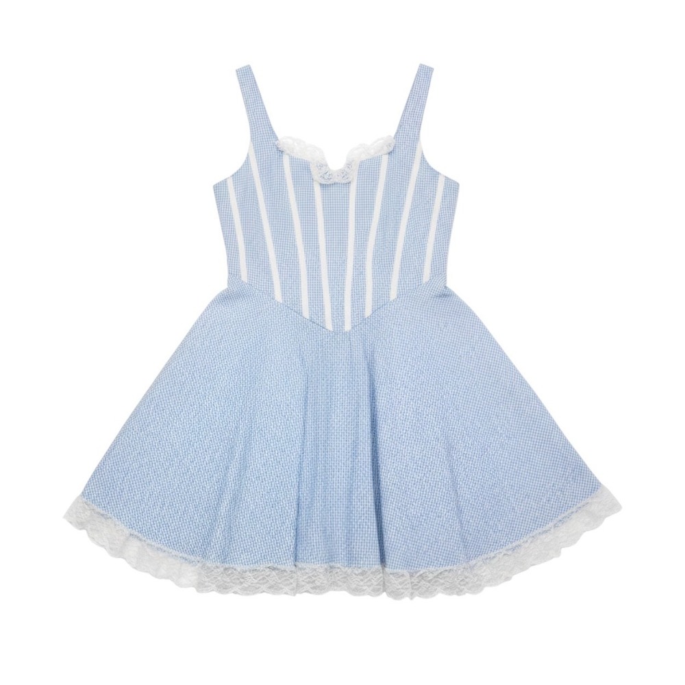 Blue Gingham Lace Trim Corset Mini Dress Cottagecore Smocked Back Fit & Flare